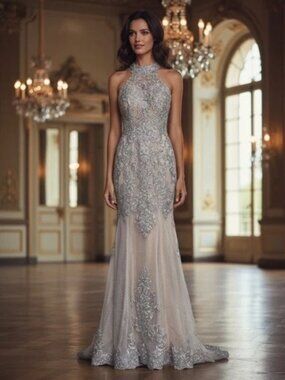 Envious Couture Karishma Silver Embellished Embroidered Illusion Gown